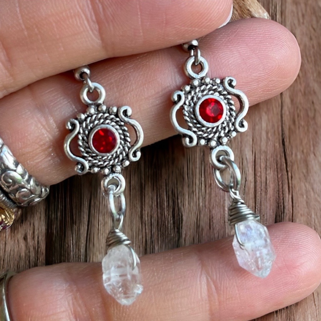 Genuine Herkimer Diamonds Crystal Quartz Red Cz Ruby Garnet Dangly Earrings .